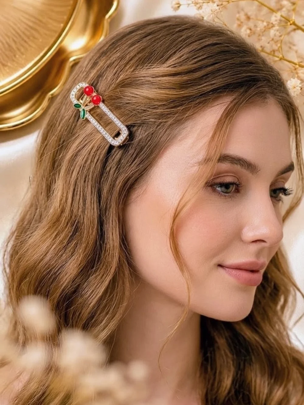Set of 4 Gold Tone Alloy Cherry Hair Clips with Rhinestone Accents